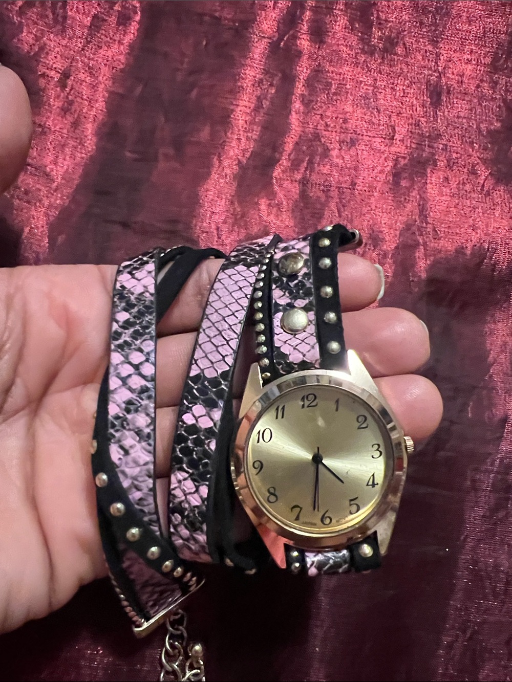 Pink Snake-Print Wrap Watch with Gold Dial